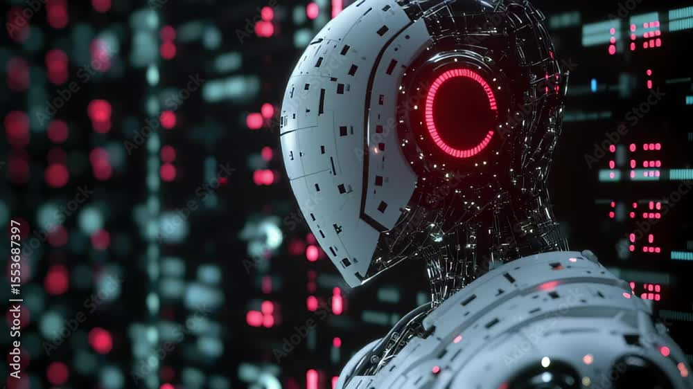 Poster Innovative robot head illuminated with red lights in a digital environment filled with hexadecimal data, Computer hexadecimal digits Artificial intelligence and data transfer concept 3D render