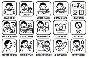 Educational activity symbols for children: reading, counting, drawing, caring, and sorting skills