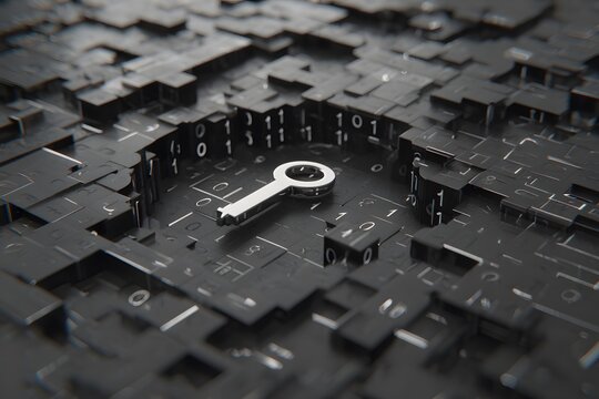 Metallic key sits on a dark surface patterned with binary code and square blocks focused on the key