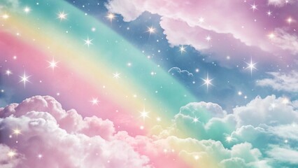 Beautiful dreamy rainbow sky with soft clouds and sparkling stars for background design