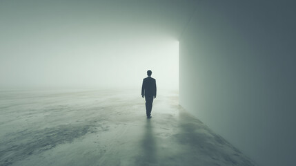 Obraz premium Man walking alone through a dark corridor toward the light