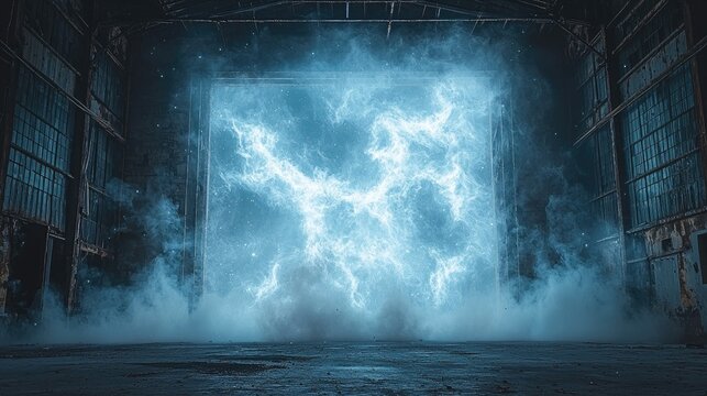 A luminous portal opens in a dusty, abandoned warehouse. - Powered by Adobe