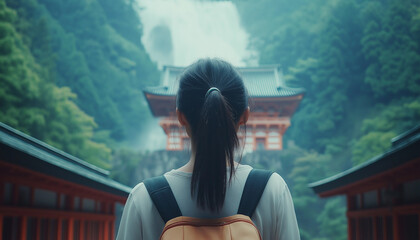 AI generator images of Majestic traditional torii gates amidst misty forest path in tranquil japan landscape, Serene pathway lined with vibrant torii gates through lush greenery in a tranquil forest.