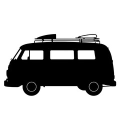 retro van with surfboard silhouette, vintage camper icon isolated