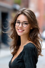 Obraz premium Beautiful Young Woman with Glasses Smiling and Wind-Swept Hair