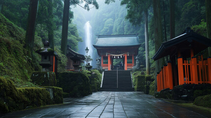 AI generator images of Majestic traditional torii gates amidst misty forest path in tranquil japan landscape, Serene pathway lined with vibrant torii gates through lush greenery in a tranquil forest.