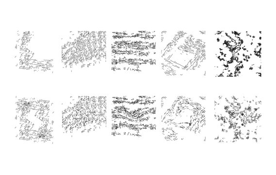 A modern collection of  abstract line patterns and textures featuring dynamic scatter plots, curved flows, for use in tech interfaces, data visualizations, backgrounds, and creative projects.