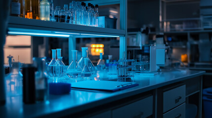 AI generator images of Scientists in laboratory ,Microscope background and group of flasks, other glassware of scientists in the workplace Background, Microscope, Glassware in the laboratory