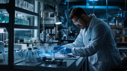 AI generator images of Scientists in laboratory ,Microscope background and group of flasks, other glassware of scientists in the workplace Background, Microscope, Glassware in the laboratory