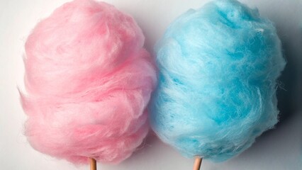 Delightful close up of pink and blue cotton candy sweet treats on a white background