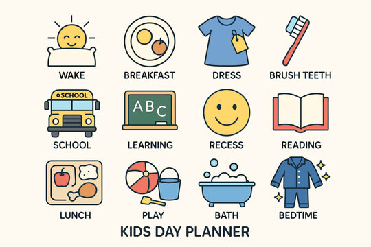 Kids day planner: wake, breakfast, dress, school, play, bedtime routine illustrated