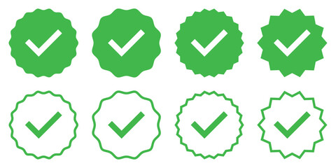 Set of green verified check badge icons in various flat and outline styles. Ideal for approvals, certifications, verified marks, or quality assurance concepts in digital and print design.