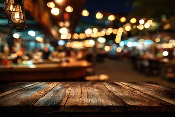 Rustic wooden table at night market