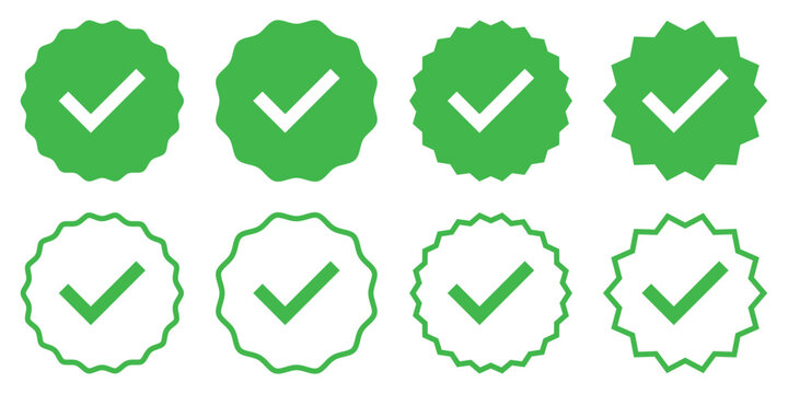 Set of green verified check badge icons in various flat and outline styles. Ideal for approvals, certifications, verified marks, or quality assurance concepts in digital and print design.