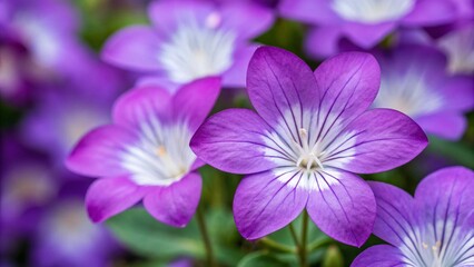 Macro shot of beautiful purple balloon flowers blooming in a vibrant garden setting