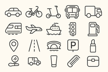 Transportation icons: car, bicycle, bus, train, airplane, ship, traffic light, fuel pump
