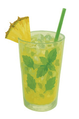 Watercolor vector illustration of Pineapple Mojito cocktail. Isolated on white background.