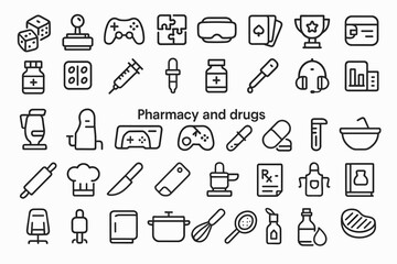 Pharmacy and medical equipment icons illustrating healthcare and gaming elements