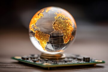 Glass globe showing continents rests on a green circuit board in a close up studio shot with warm lighting