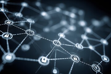 Network of connected nodes with security icons and dashed lines in a digital structure suggesting data protection and