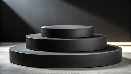 Three layered black podium platforms staged against a dark moody studio backdrop