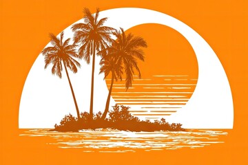 Obraz premium Tropical island scene at sunset, rendered in silhouette.