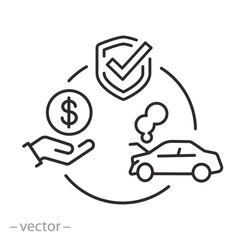 icon of compensation for destroyed property, transport insurance,  security car, protection of auto, damaged car, thin line symbol on white background - editable stroke vector illustration eps10