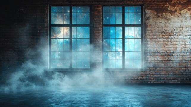 Dusty loft room with a large window showing the starry night sky.