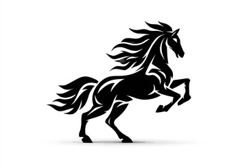 Black stylized horse silhouette in dynamic pose.