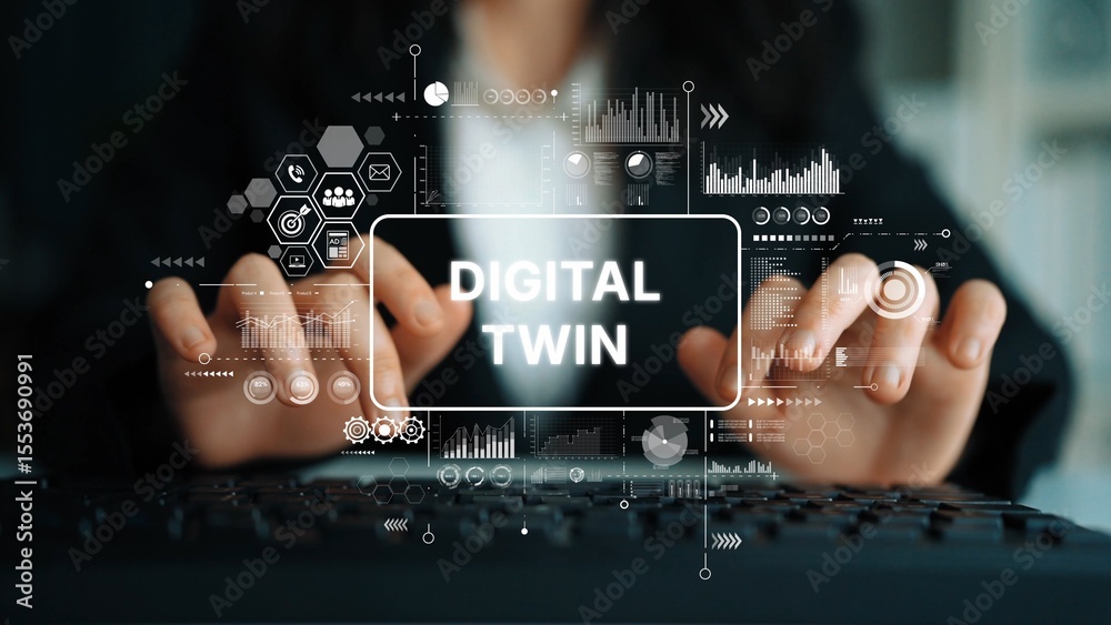 Poster business professional engaging with digital twin technology on computer keyboard in modern office en