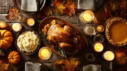Top-down view of a traditional Thanksgiving dinner table. Festive holiday feast with roasted turkey, mashed potatoes, pumpkin pie, and warm candlelight on a rustic wooden background.

 - Powered by Adobe