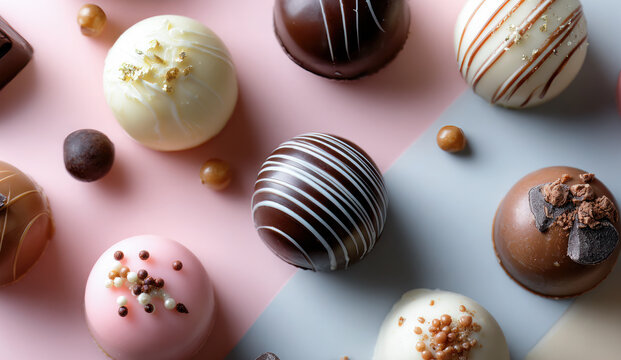 Overhead shot of various chocolate candies, truffles, bonbons, and pralines, scattered on a pastel colored background, celebrate World Chocolate Day festive