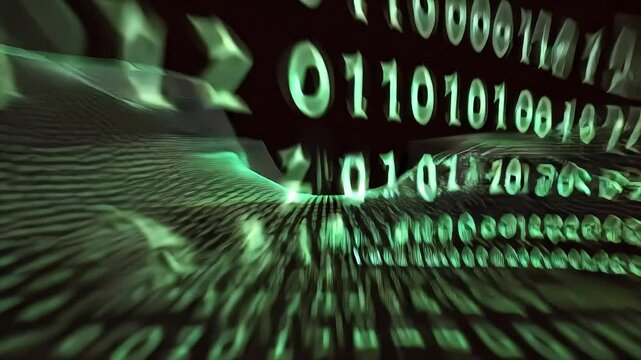 Cybersecurity binary code background, green digital data stream with motion blur, futuristic matrix technology animation for network security