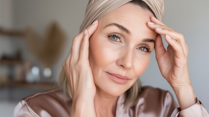Naklejka premium Senior woman touching her face, showing wrinkles and aging process