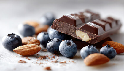 Still life of a dark chocolate bar broken into pieces next to fresh blueberries and almonds, selective focus on blurred background, celebrate World Chocolate Day