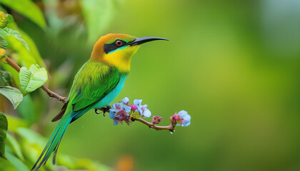 Obraz premium AI generator images of Bee eaters, Merops orientalis. Asian Green Bee-Eater, Red-eyed Bird on a tree branch in rainy day