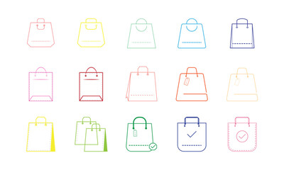 Collection of colorful shopping bag icons with various designs and sale tags on white background