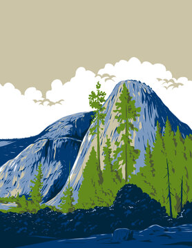 WPA poster art of Liberty Cap, Mount Broderick and Half Dome in Little Yosemite Valley on John Muir Trail in Yosemite National Park done in works project administration or federal art project style.