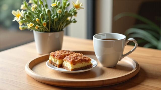 Breakfast treats with coffee and cake on wooden tray with flowers  