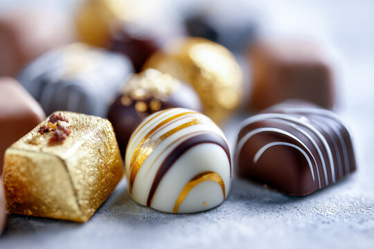 Studio shot of a colorful assortment of chocolates in different shapes and sizes with copy space, bright lighting, celebrate World Chocolate Day festive
