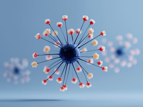 Microscopic Molecular Marvel: A meticulously crafted depiction of a virus structure, showcasing intricate details of its spiky surface and complex cellular composition against a clean.