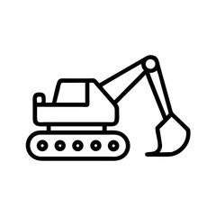 Minimalist black outline vector icon of an excavator, symbolizing construction, heavy machinery, digging, and industrial work. Clean design on a transparent background