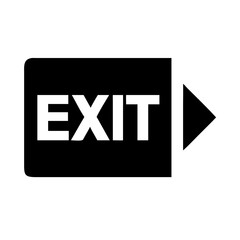 Minimalist black outline vector icon of an emergency exit door with an arrow, symbolizing evacuation, safety, and exit routes. Clean design on a transparent background
