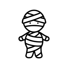Minimalist black outline vector icon of a cute mummy wrapped in bandages. Clean design on a transparent background.