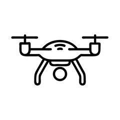 Minimalist black outline vector icon of a drone flying, symbolizing aerial photography, technology, and modern innovation. Clean design on a transparent background