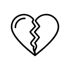 Minimalist black outline vector icon of a broken heart, symbolizing heartbreak, love, and relationship challenges. Clean design on a transparent background.