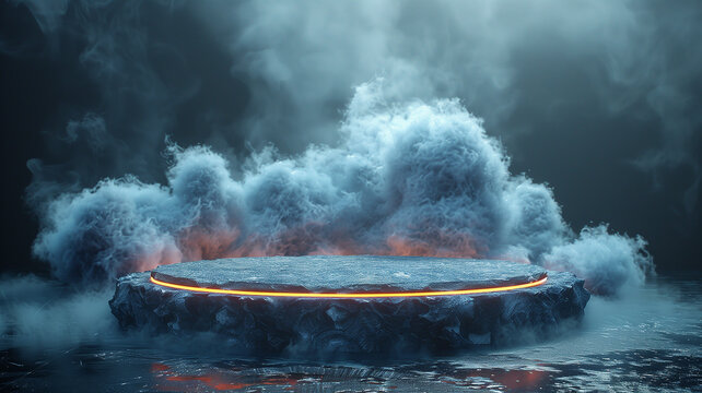 Mystical dark podium surrounded by fog and illuminated by dramatic heavenly light. Abstract fantasy scene perfect for product display or spiritual concepts