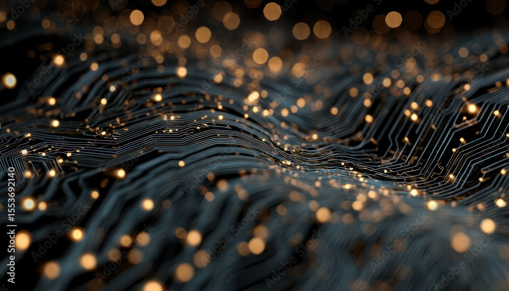 Poster abstract circuitry rendering featuring illuminated nodes and technical blueprint designs