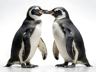 Naklejka premium Two adorable penguins face each other, isolated on white background