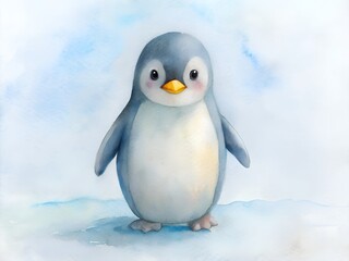 A cute baby penguin stands on ice, watercolor illustration